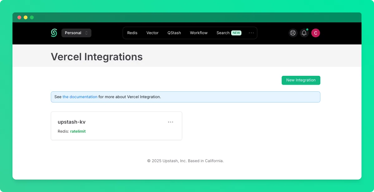 Redis database created by the Vercel integration