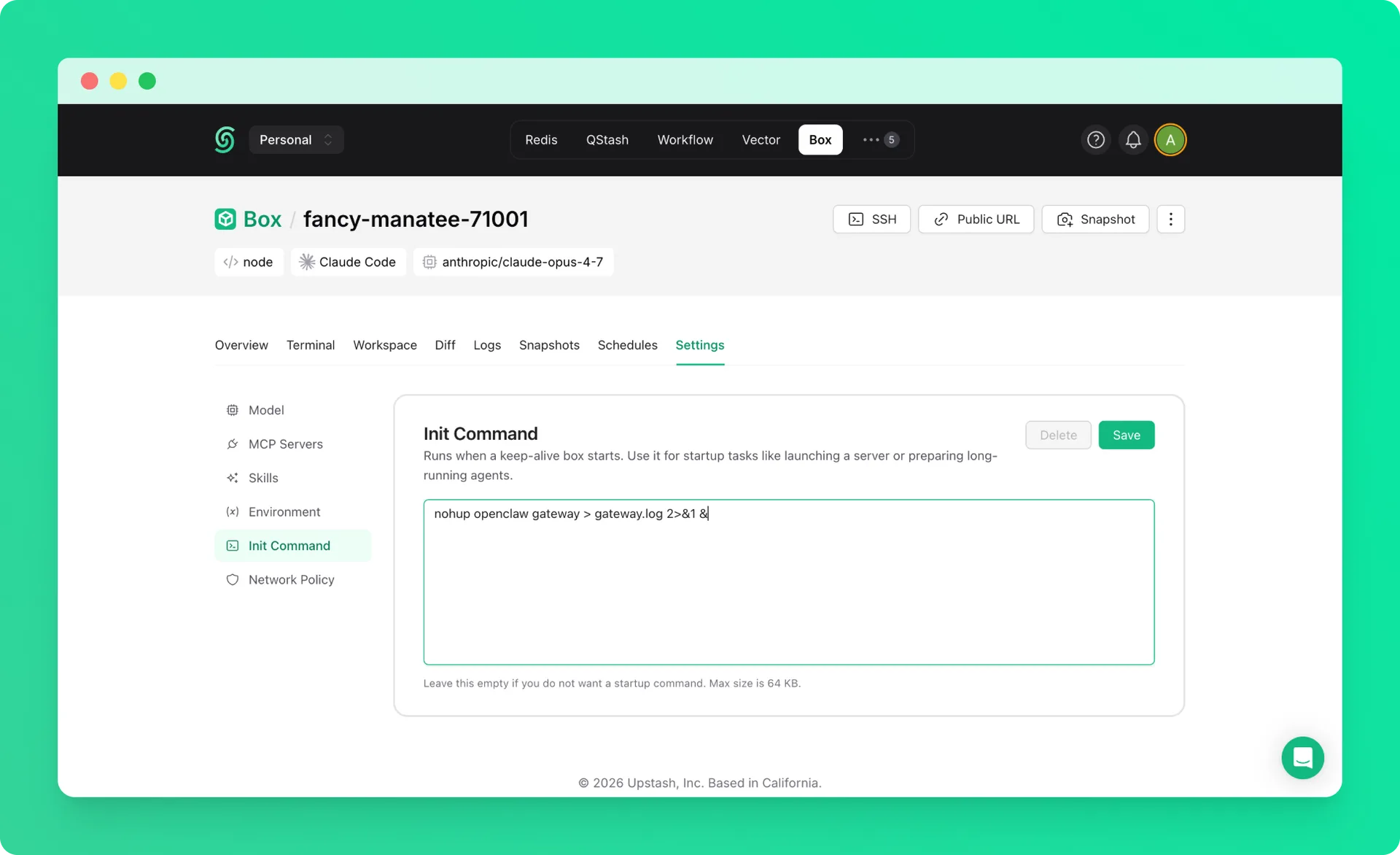 OpenClaw init script in the Upstash Console