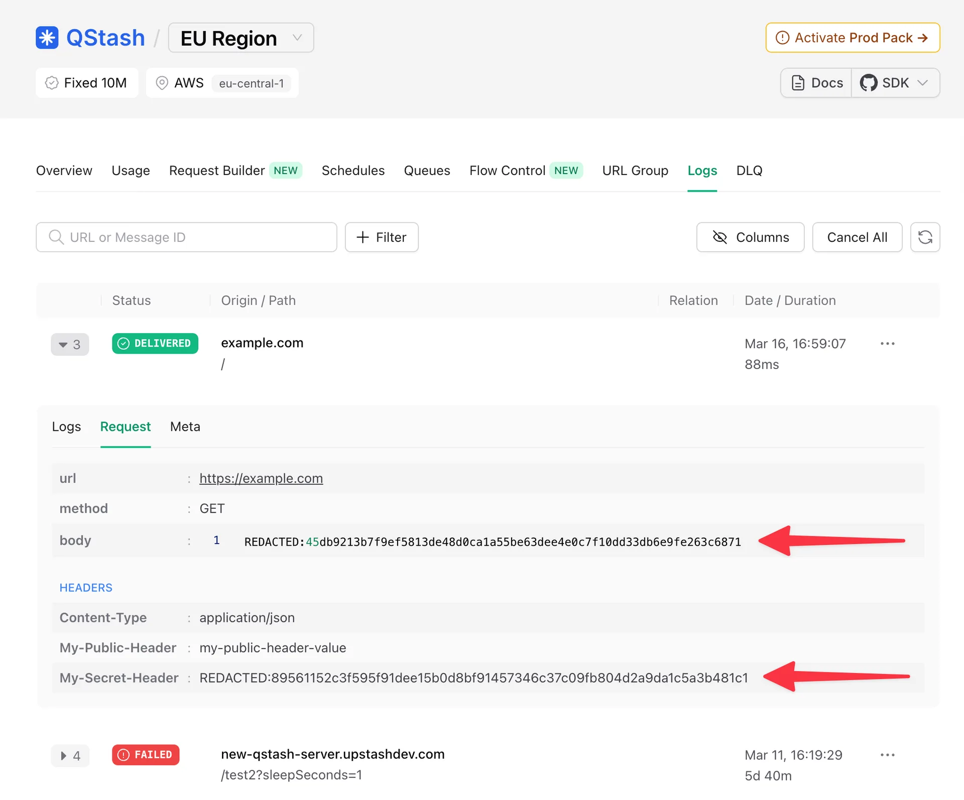 Logs of a message with body and header[My-Secret-Header] redacted